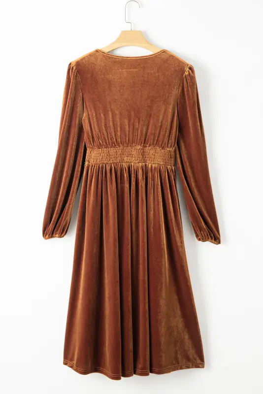 Camel surplice v neck balloon sleeve velvet dress - plus size