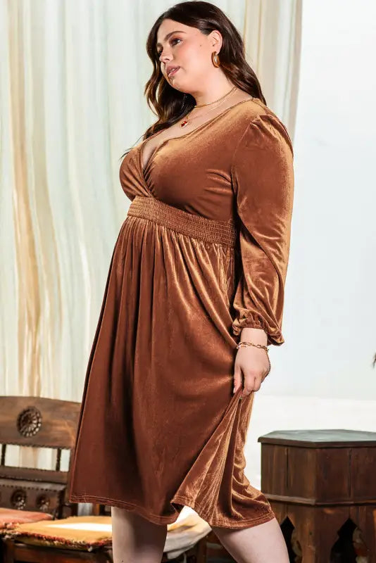 Camel surplice v neck balloon sleeve velvet dress - plus size