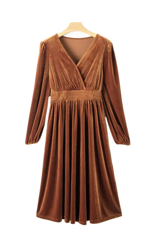 Camel surplice v neck balloon sleeve velvet dress - plus size