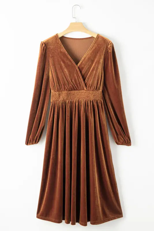 Camel surplice v neck balloon sleeve velvet dress - plus size