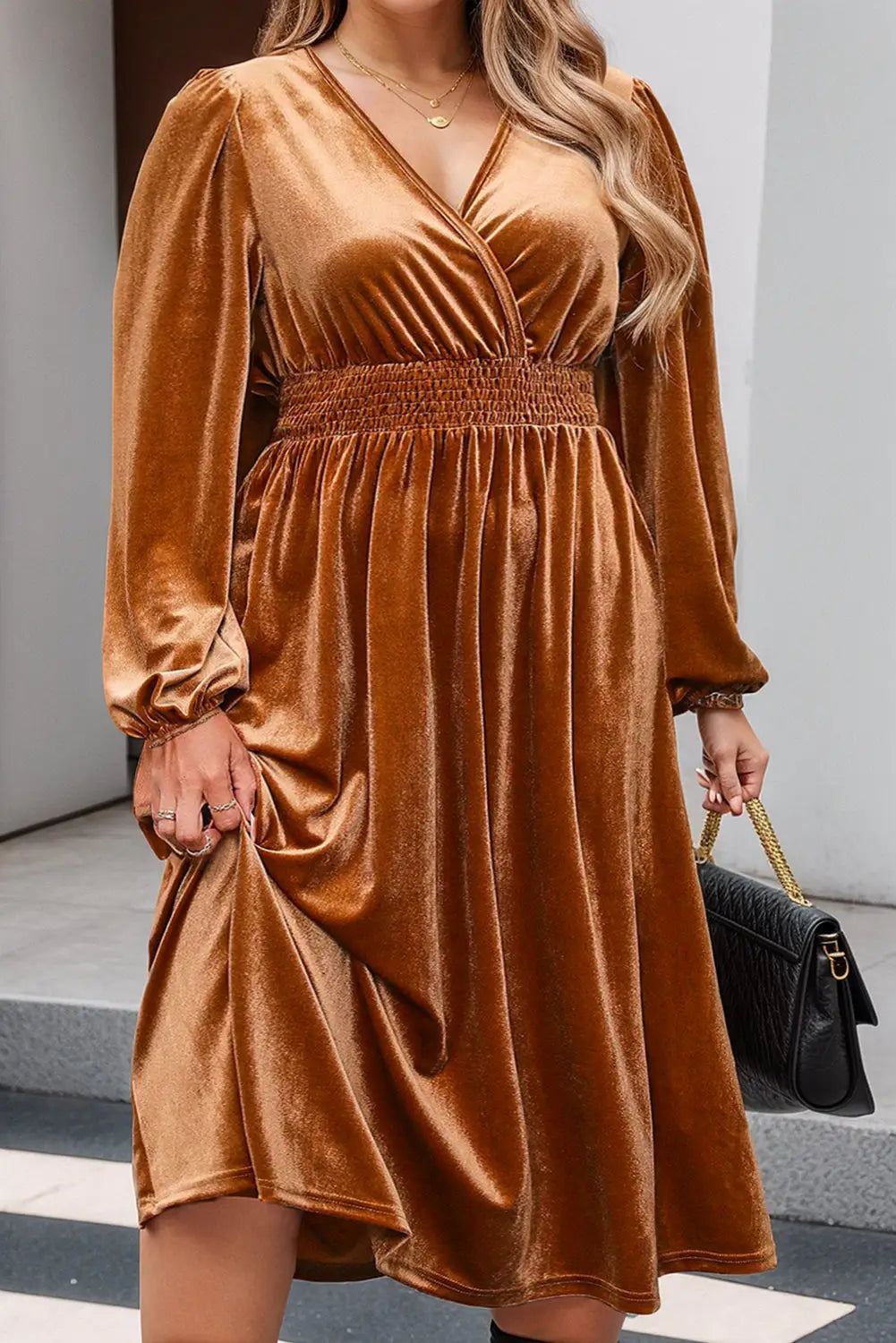 Camel surplice v neck balloon sleeve velvet dress - plus size