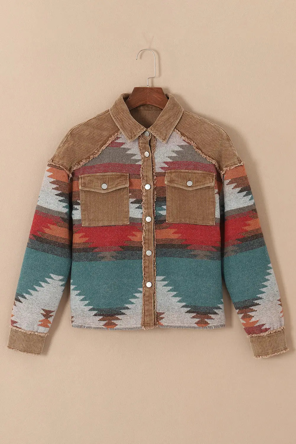 Camel western pattern patchwork flap pocket shacket - corduroy jackets