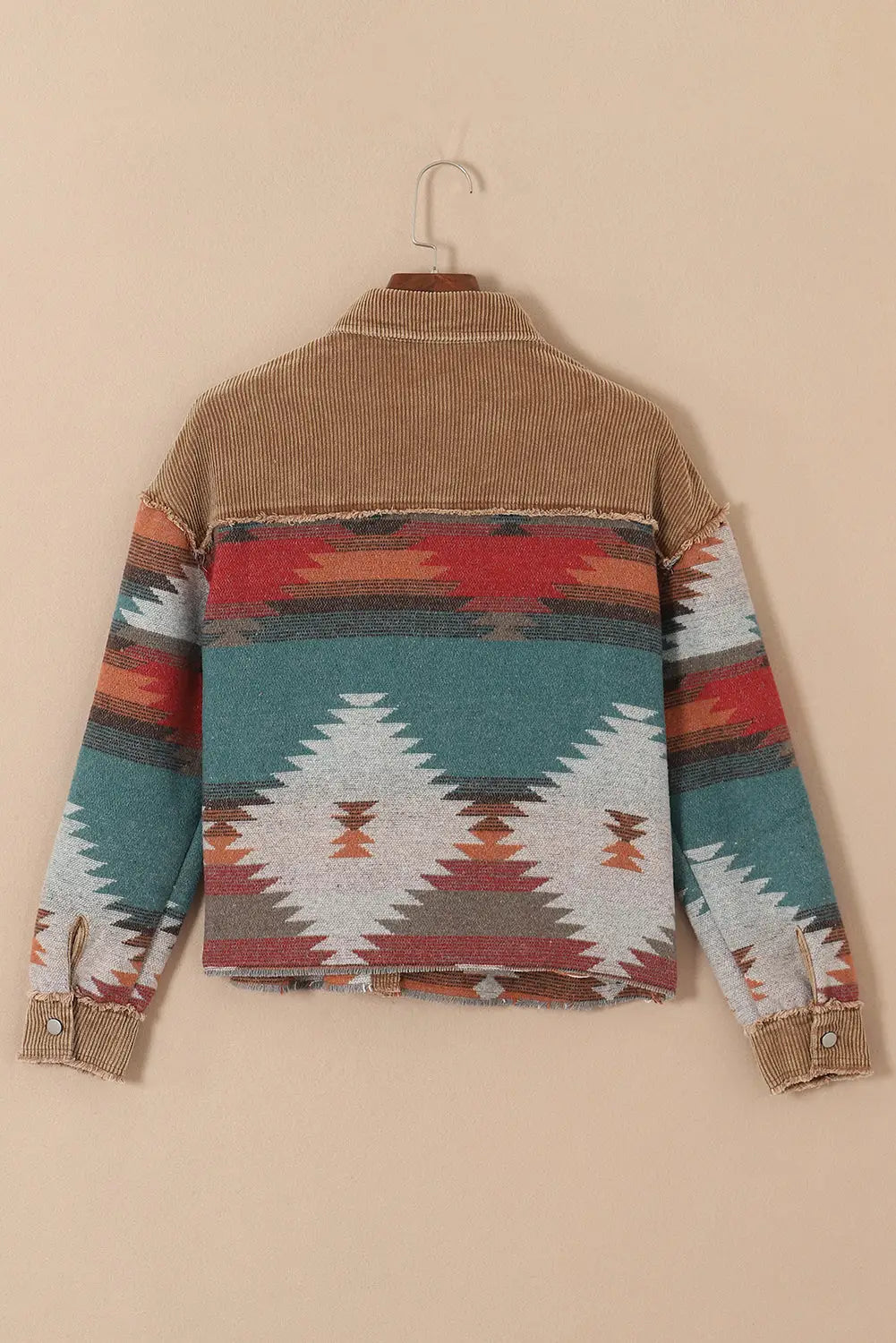 Camel western pattern patchwork flap pocket shacket - corduroy jackets