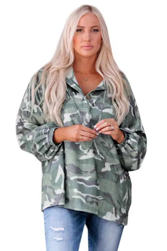 Green long sleeve camo print oversize hoodie - sweatshirts & hoodies