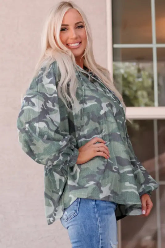 Green long sleeve camo print oversize hoodie - sweatshirts & hoodies