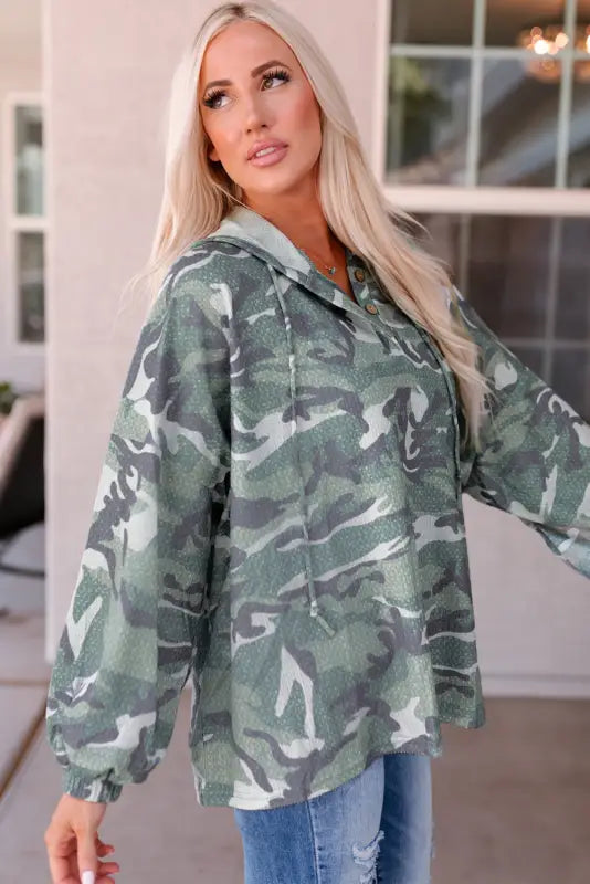 Green long sleeve camo print oversize hoodie - sweatshirts & hoodies