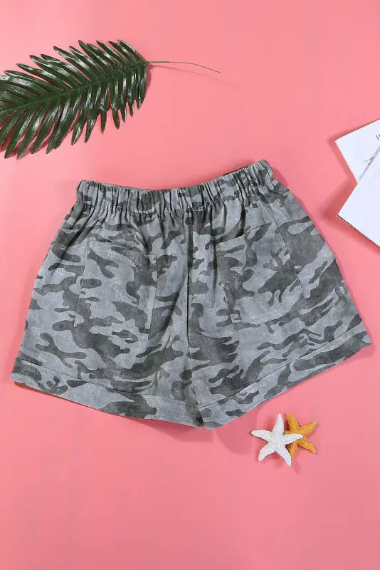 Camouflage print drawstring casual elastic waist pocketed shorts