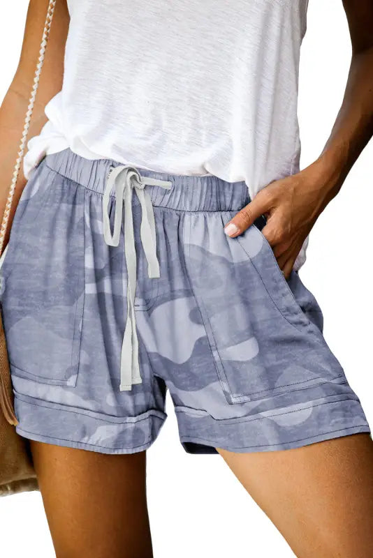 Camouflage print drawstring casual elastic waist pocketed shorts