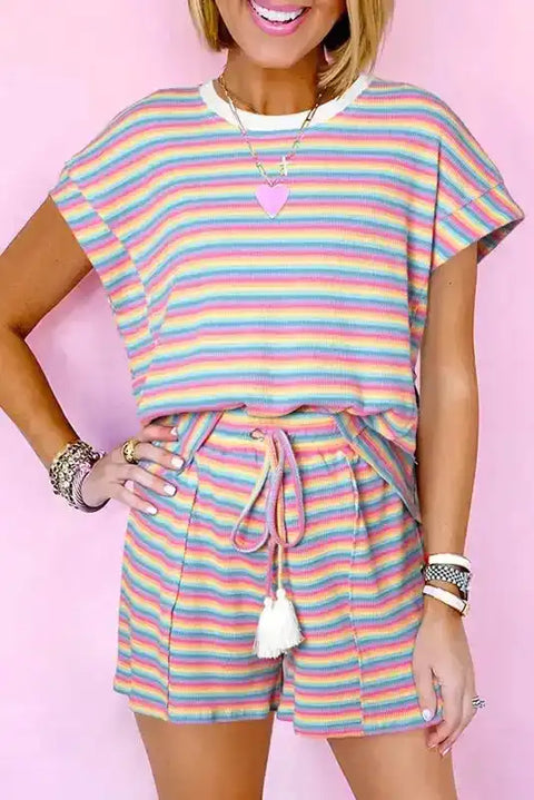 Pink candy stripe cotton lounge tee and shorts set front view — Fashionfitz UK
