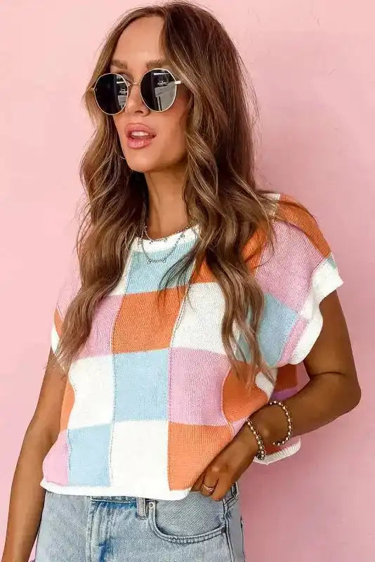 Cap Sleeve Sweater - Grapefruit Orange Color Block - Fashionfitz
