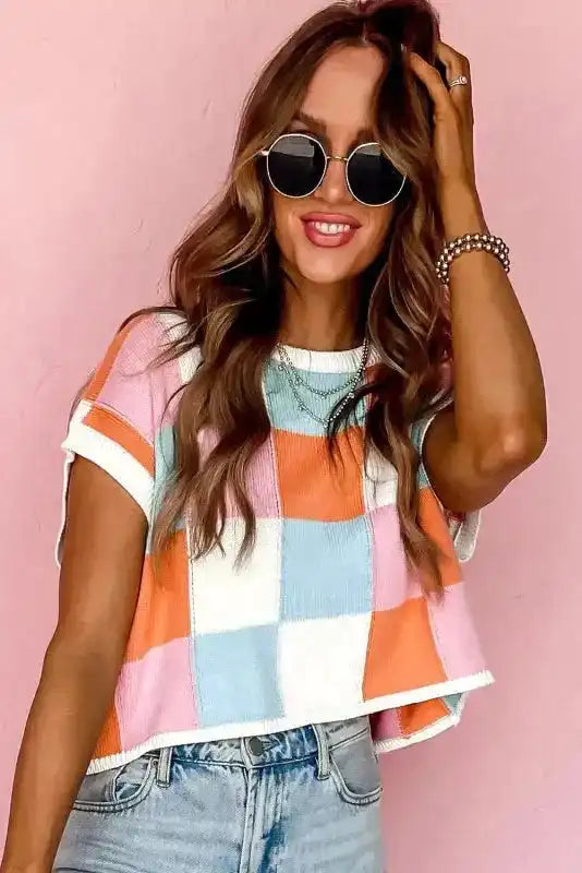 Cap Sleeve Sweater - Grapefruit Orange Color Block - Fashionfitz