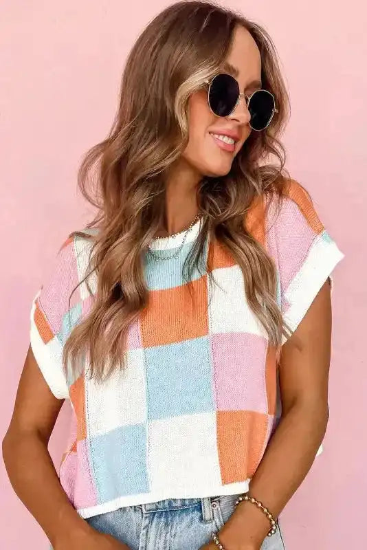 Cap Sleeve Sweater - Grapefruit Orange Color Block - Fashionfitz