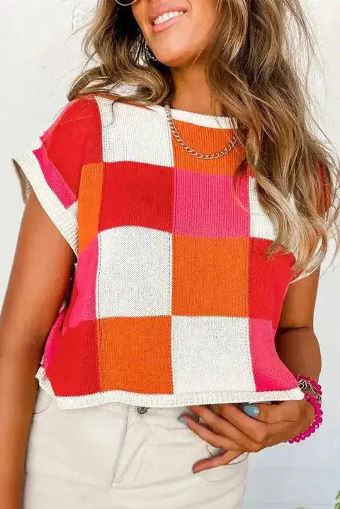 Red colourblock cap sleeve crop sweater front view — Fashionfitz UK