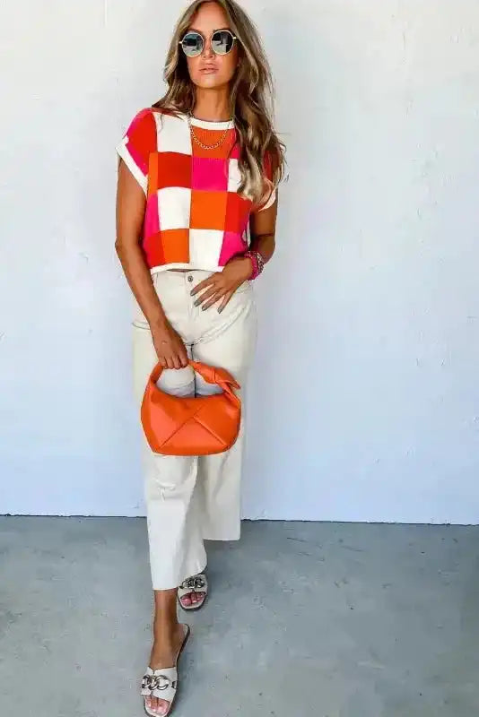 Cap Sleeve Sweater - Red Color Block - Fashionfitz