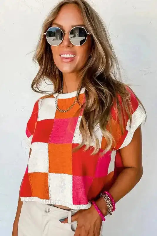 Cap Sleeve Sweater - Red Color Block - Fashionfitz
