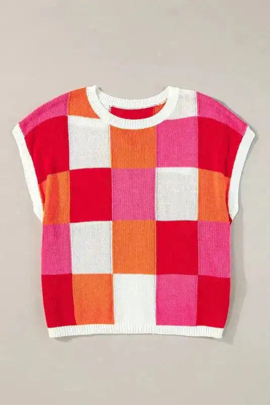 Cap Sleeve Sweater - Red Color Block - Fashionfitz