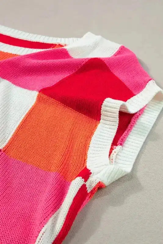 Cap Sleeve Sweater - Red Color Block - Fashionfitz