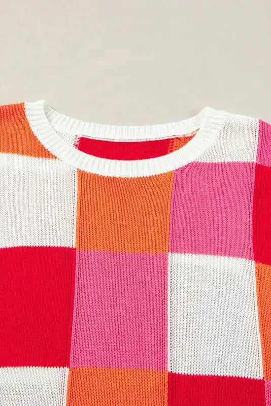 Cap Sleeve Sweater - Red Color Block - Fashionfitz