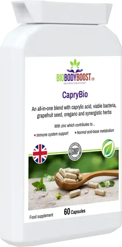 CapryBio front-angle view highlighting caprylic acid and oregano herbal complex for gut lining support