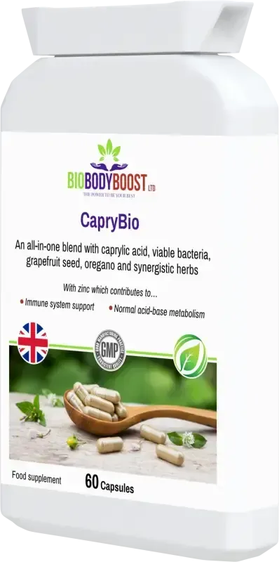 CapryBio Gastrointestinal Complex angled view — gut health and digestive balance supplement, BioBodyBoost UK