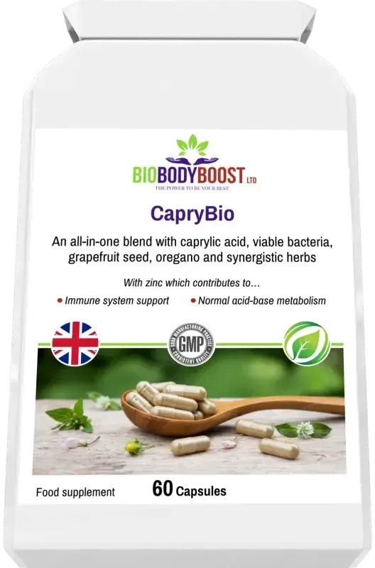 Side view of CapryBio Gastrointestinal Complex — compact white supplement packaging, BioBodyBoost UK