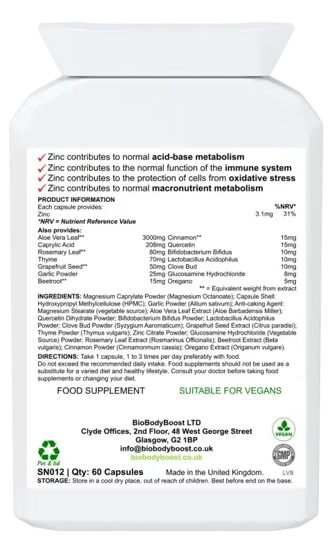 Back label of CapryBio showing caprylic acid, oregano and herbal gastrointestinal complex ingredients