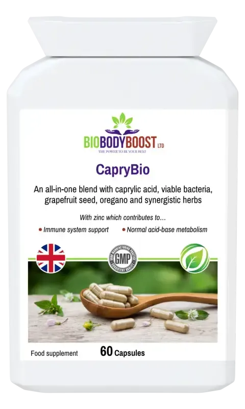 CapryBio Gastrointestinal Complex — caprylic acid, oregano oil and herbal blend, 90 vegan capsules for gut health, BioBodyBoost UK