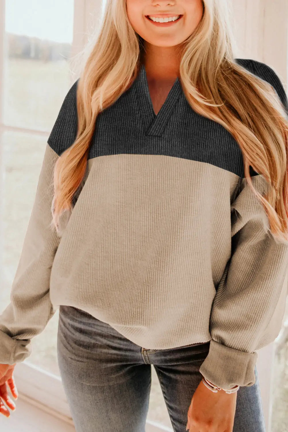 Carbon grey notched neck colorblock corded sweatshirt - l / 95% polyester + 5% elastane - sweatshirts & hoodies