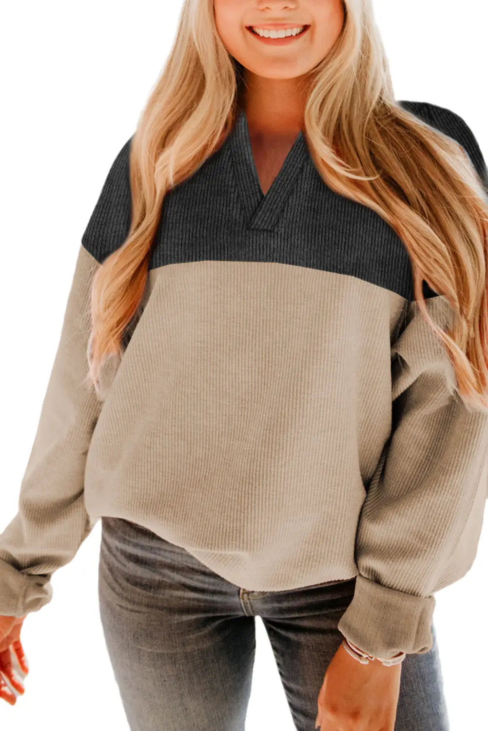 Carbon grey notched neck colorblock corded sweatshirt - sweatshirts & hoodies