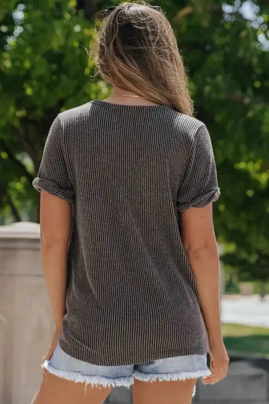 Carbon Grey Twist Short Sleeve Corded V Neck Top - Fashionfitz
