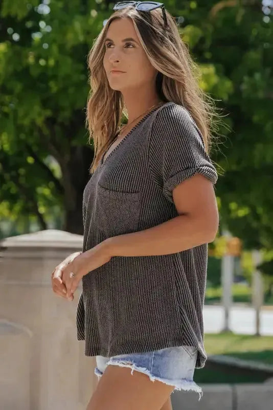 Carbon Grey Twist Short Sleeve Corded V Neck Top - Fashionfitz