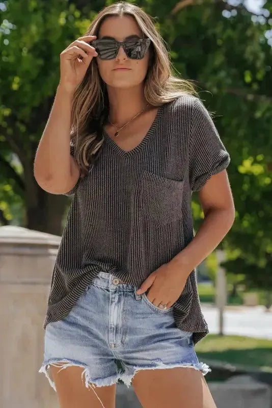 Carbon Grey Twist Short Sleeve Corded V Neck Top - Fashionfitz