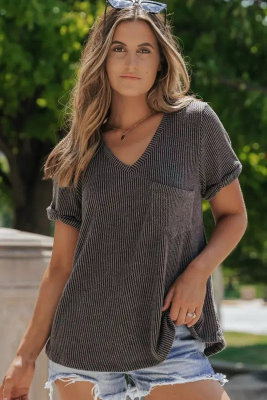 Carbon grey twist short sleeve corded v neck top - t-shirts