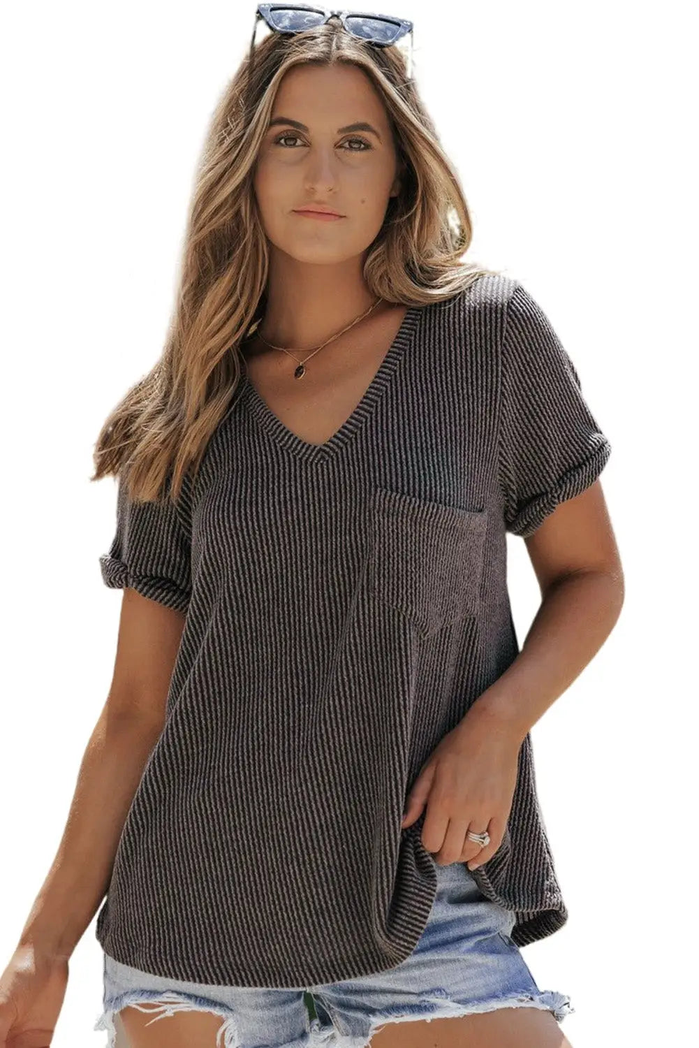 Carbon grey twist short sleeve corded v neck top - t-shirts