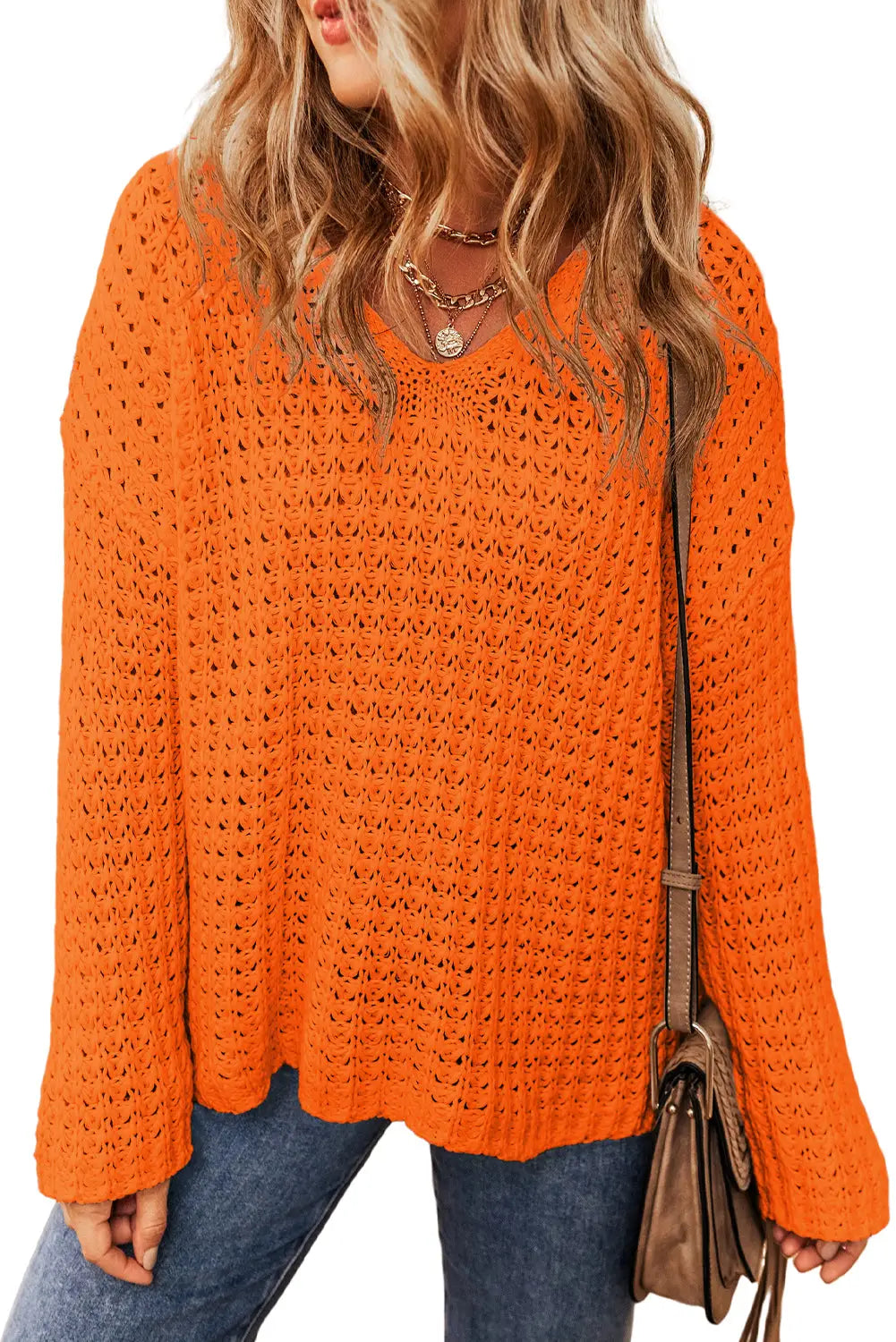 Carrot hollow-out crochet v neck sweater - sweaters & cardigans