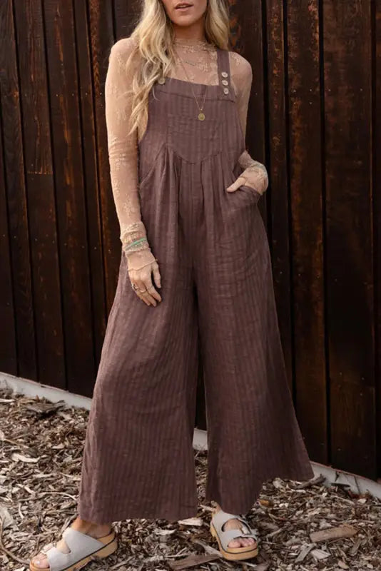 Black striped pleated wide leg pocketed jumpsuit - chicory coffee / l / 50% viscose + 50% cotton - jumpsuits & rompers