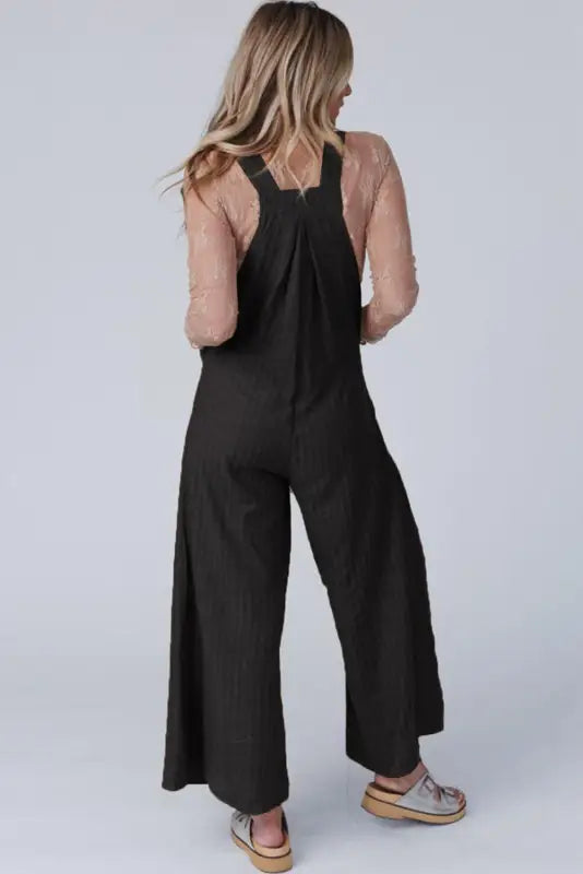 Black striped pleated wide leg pocketed jumpsuit - jumpsuits & rompers