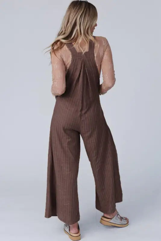 Black striped pleated wide leg pocketed jumpsuit - jumpsuits & rompers