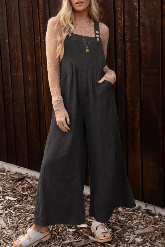 Black striped pleated wide leg pocketed jumpsuit - jumpsuits & rompers