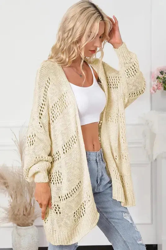 Casual Hollowed Knit Dolman Sleeve Cardigan - Fashionfitz