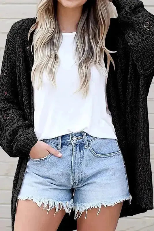 Black hollowed knit dolman sleeve open front cardigan front view — Fashionfitz UK