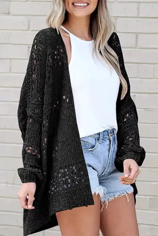 Casual Hollowed Knit Dolman Sleeve Cardigan - Fashionfitz