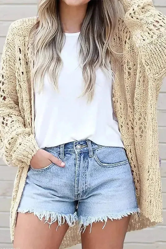 Casual Hollowed Knit Dolman Sleeve Cardigan - Fashionfitz