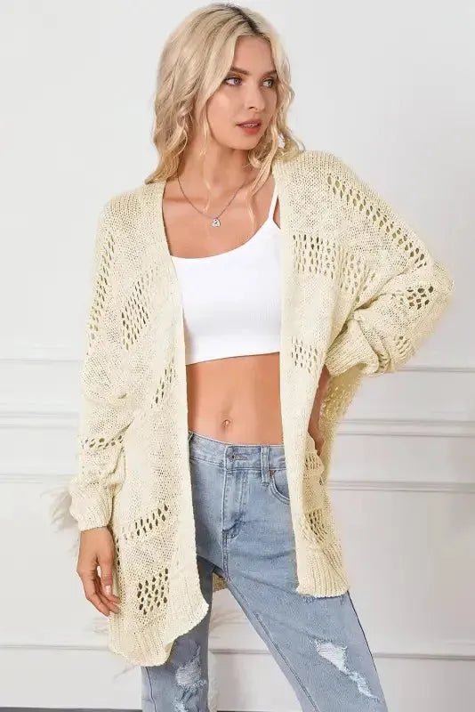 Casual Hollowed Knit Dolman Sleeve Cardigan - Fashionfitz
