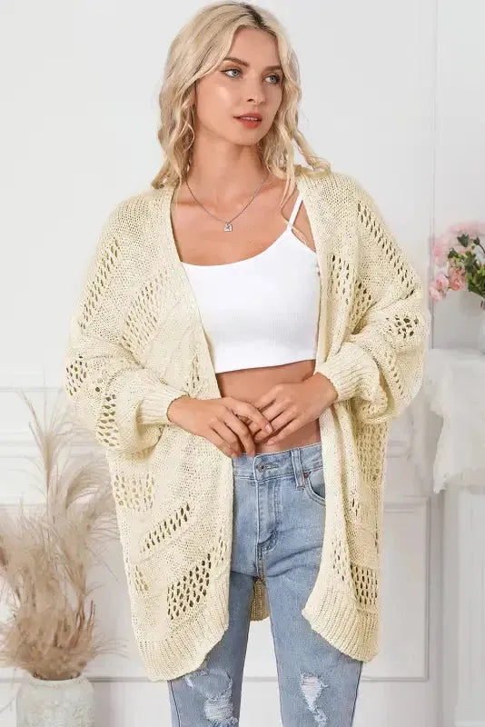 Casual Hollowed Knit Dolman Sleeve Cardigan - Fashionfitz