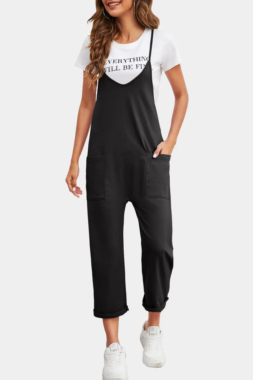 Casual straight leg jumpsuit - black / s / 95% polyester + 5% elastane - bottoms/jumpsuits & rompers