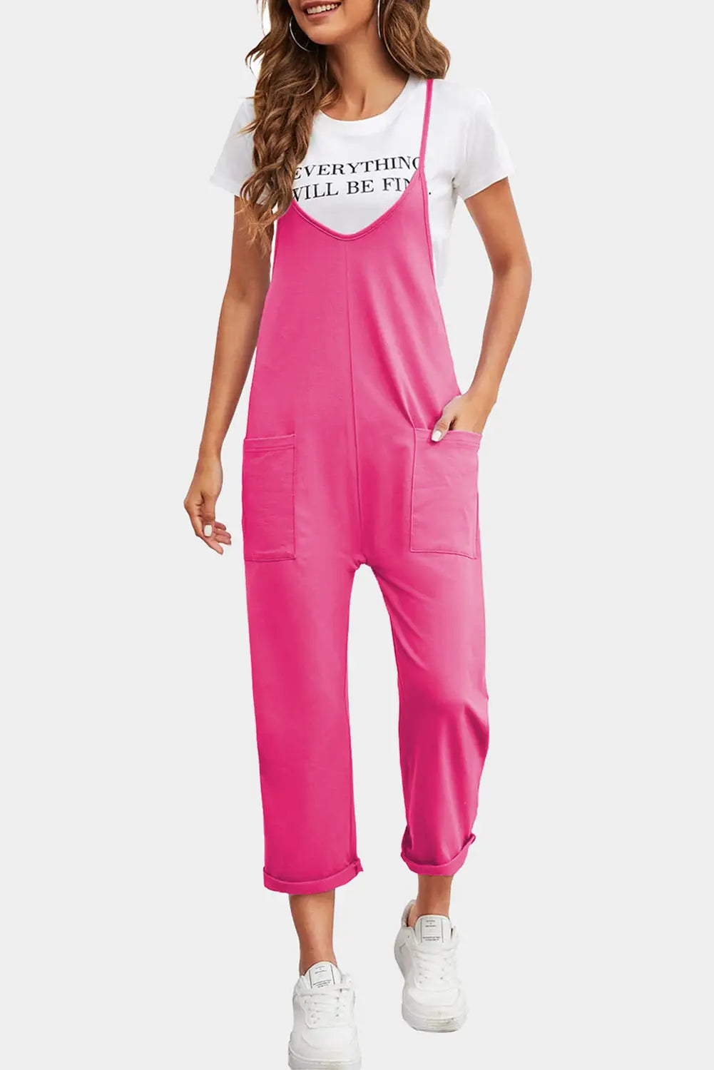 Casual straight leg jumpsuit - rose red / s / 95% polyester + 5% elastane - bottoms/jumpsuits & rompers