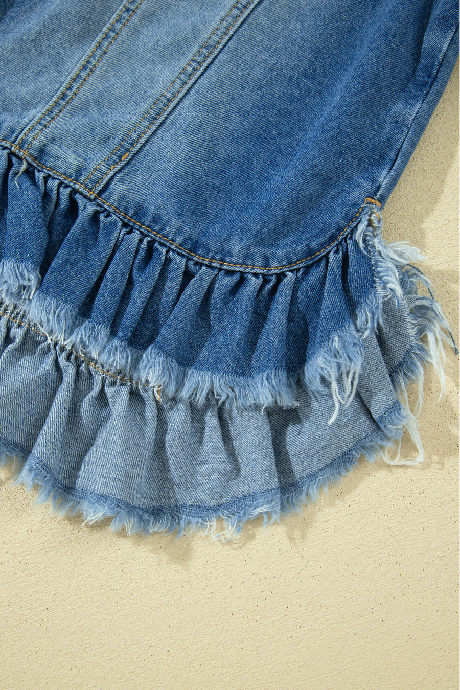Ruffle Hem Raw Edge Half Sleeve Denim Jacket Women UK