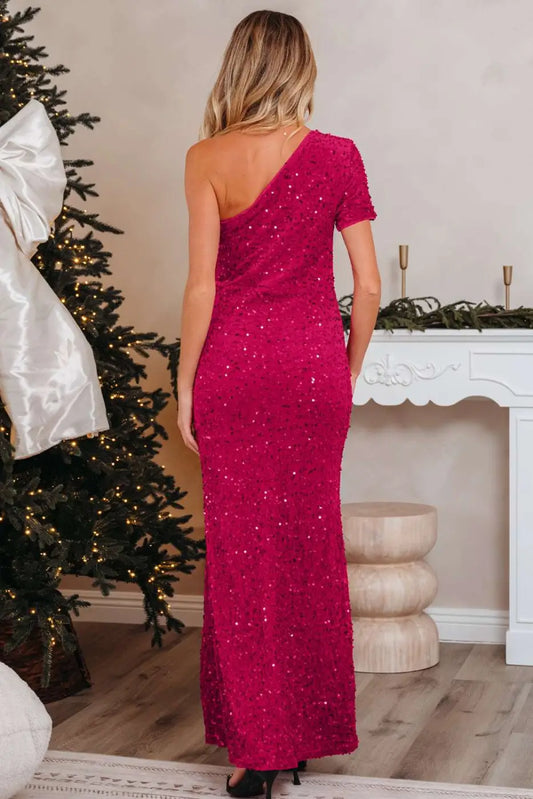 Back view of Pink Sequin High‑Split Party Gown showcasing the elegant one-shoulder cut and full-length sequin detailing for formal parties.
