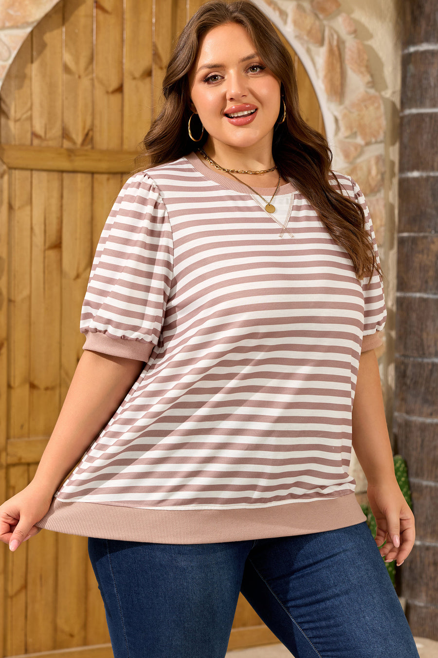 Plus size stripe puff sleeve ribbed tee — back view
